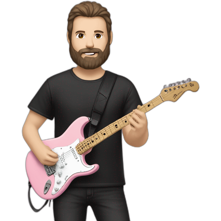 white man with dark beard and black t shirt and pastel pink stratocaster electric guitar emoji