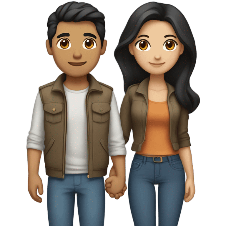 a couple holding hands. the guy has black middle part hair and is Persian and Filipino mix, wearing a jacket. the girl has brown hair white and asian mix, wearing a crop top. emoji