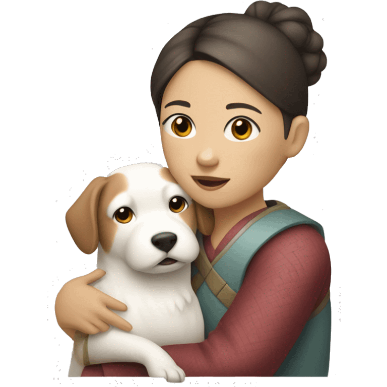 An asian girl whose hair is brown with white highlights hugging a chinese white dog emoji