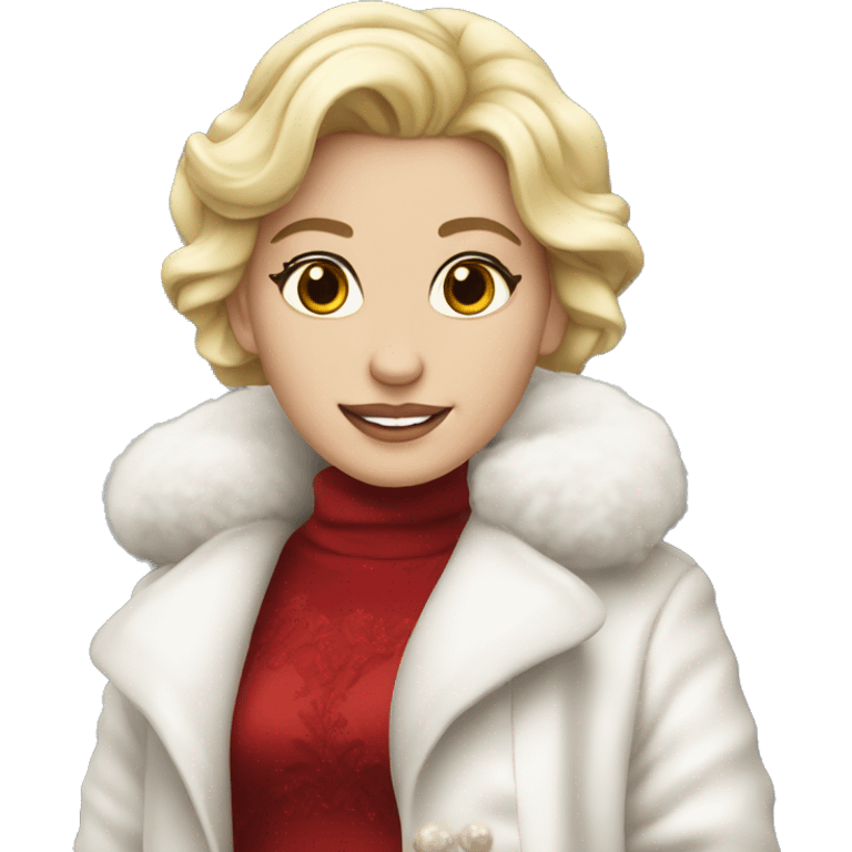 Pretty blonde in a red dress with white fluffy coat emoji