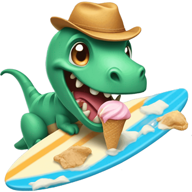 dinasour on surfboard eating ice cream emoji