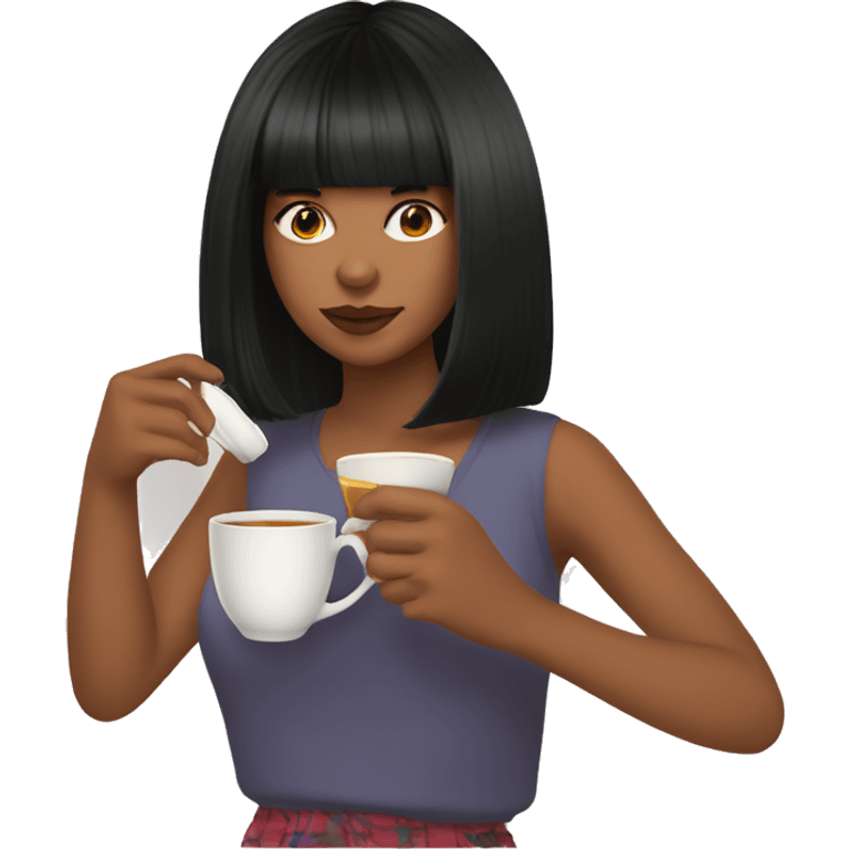 Girl with black hair and curtain bangs sipping tea emoji