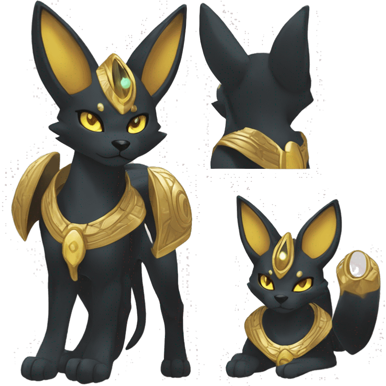 Black godly overpowered ethereal majestic Egyptian Umbreon-Lucario-Litten-Cat-Fakemon. Golden Anubis-Rings and yellow ring-markings. Full body emoji