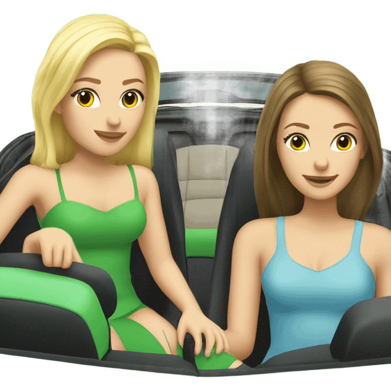 Two Caucasian blonde girls and two Caucasian brunette girls in a green convertible emoji