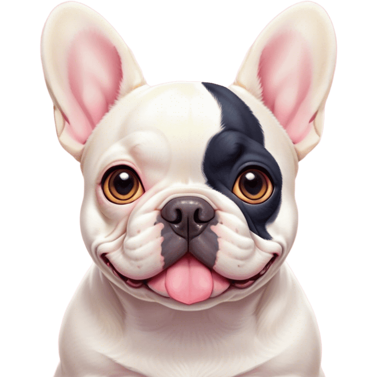 Cinematic Cute Pied French Bulldog Portrait Emoji, Head tilted with a sweet, mischievous grin and large, inviting eyes, featuring a unique pied fur of contrasting colors, simplified yet irresistibly endearing, highly detailed, glowing with a warm, playful radiance, high shine, exuding a quirky charm and affectionate personality, styled with a soft, lighthearted outline, capturing the essence of a cute Pied French Bulldog that looks ready to charm its way into your heart! emoji