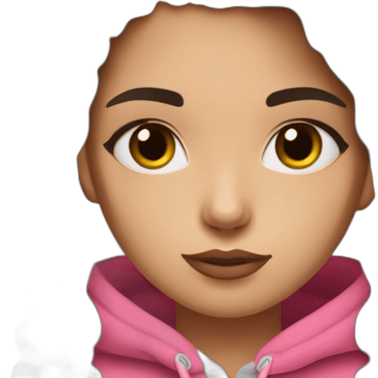 Women with long wavy dark brown hair and long eyelashes dark brown eyes with pink cheeks and pink lips and thick dark brown eyebrows wearing a hoody emoji