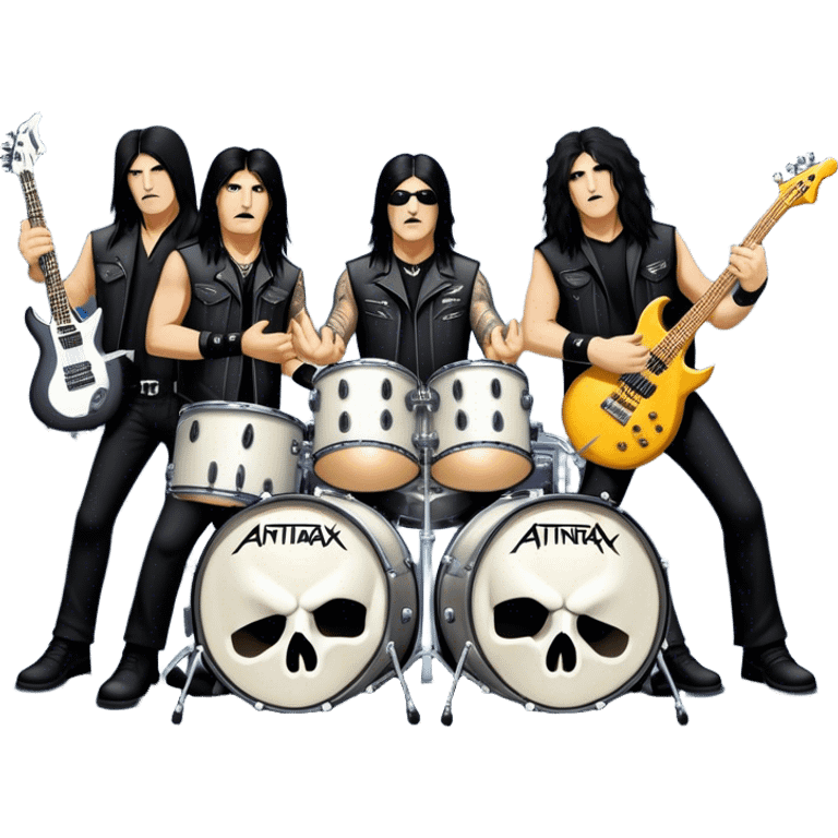 Icon for Heavy Metal: Anthrax live concert with Charlie Benante on drums, Joey Belladonna on vocals, Frank Bello on bass, Jonathan Donais and Scott Ian on guitars. The intense energy of the band is captured with instruments and stage lighting. Transparent background. emoji