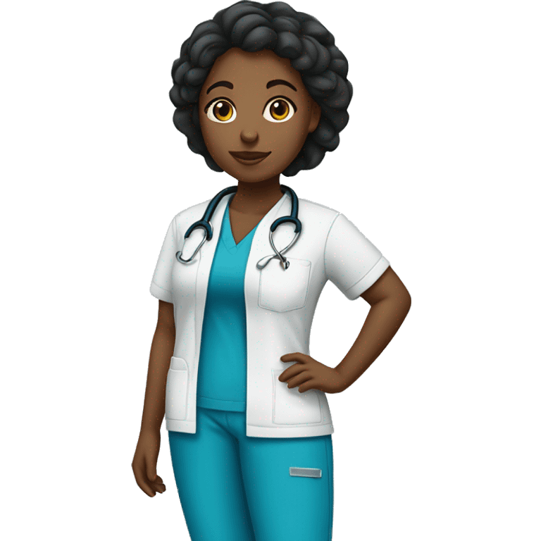 Black girl full body in scrubs uniform turning left emoji