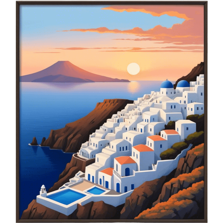 Cinematic Realistic Santorini Caldera Landmark Emoji, featuring white-washed buildings perched on volcanic cliffs, overlooking the deep blue Aegean Sea, with warm sunset hues illuminating the sky and reflecting off the water. emoji