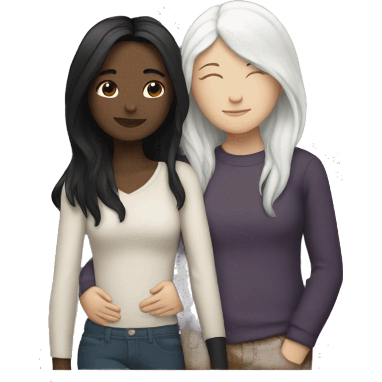 A lesbian couple with white skin and long black hair hugging intimately emoji