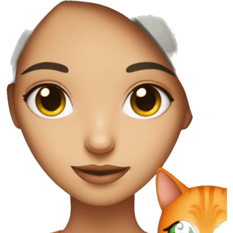 Gorgeous brunette with green eyes holding a orange cat emoji