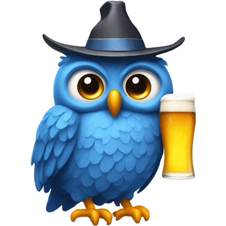 Blue owl wearing a hat that has straws you can put beer in and drink emoji