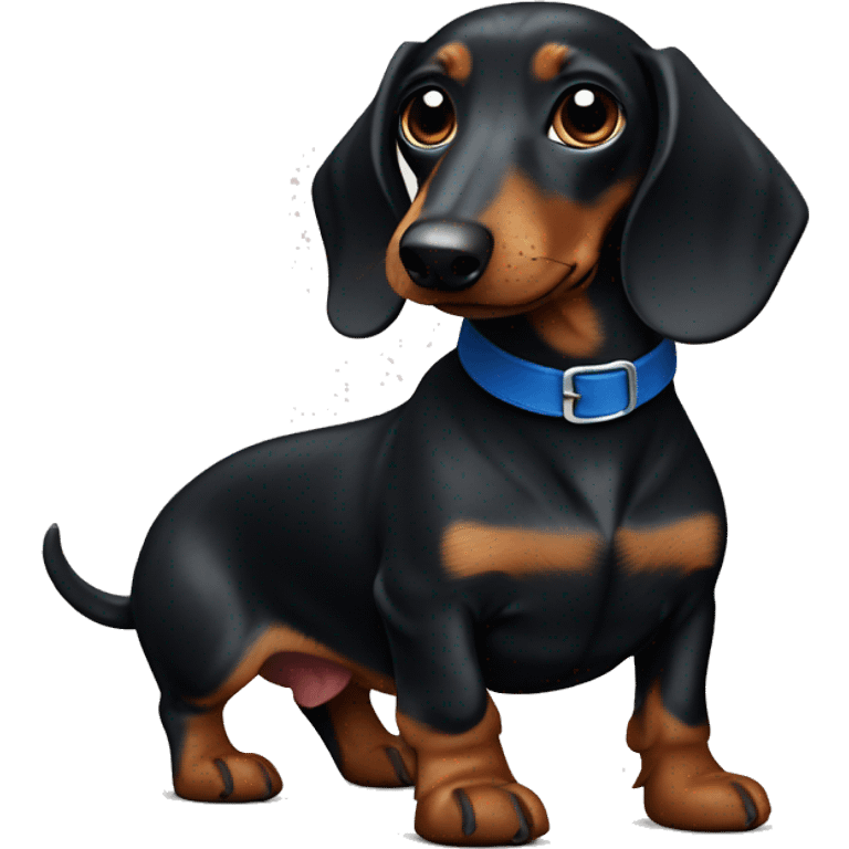 Dark fur Dachshund with long legs in blue collar  emoji