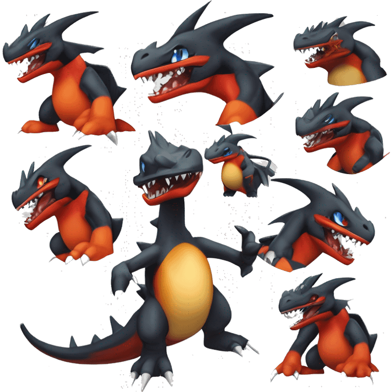 Black, Red, Orange, Beige, Modern, Futuristic, Cool, Edgy, Badass Punk-style Garchomp-Charmeleon-Croconaw Fakémon-Digimon  full body emoji