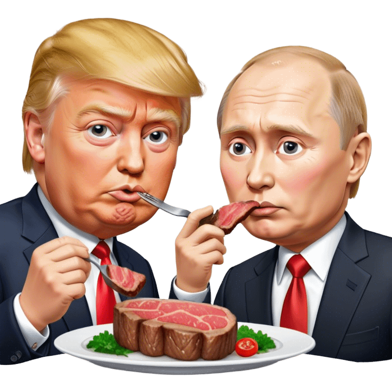 photorealistic Donald Trump and Putin eating a steak shaped like an piece of land emoji