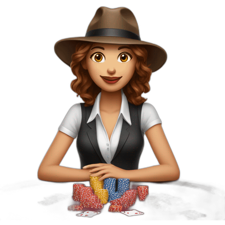 female with brown wavy hair playing poker with a poker dealer hat emoji