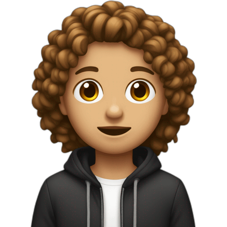 un adolescente con pecas, pelo castaño corto , guapo y con una camiseta negra emoji