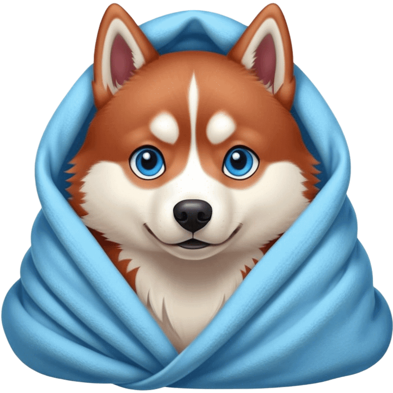 Red Siberian husky with blue eyes cozy in a blanket emoji