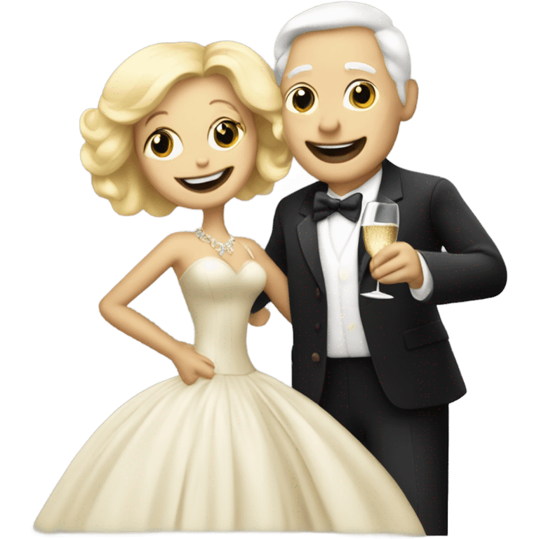 A sixty years man and a blonde woman dansing with a bottle of champagne by night emoji