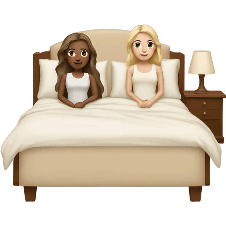 two white girls in big beige bed emoji