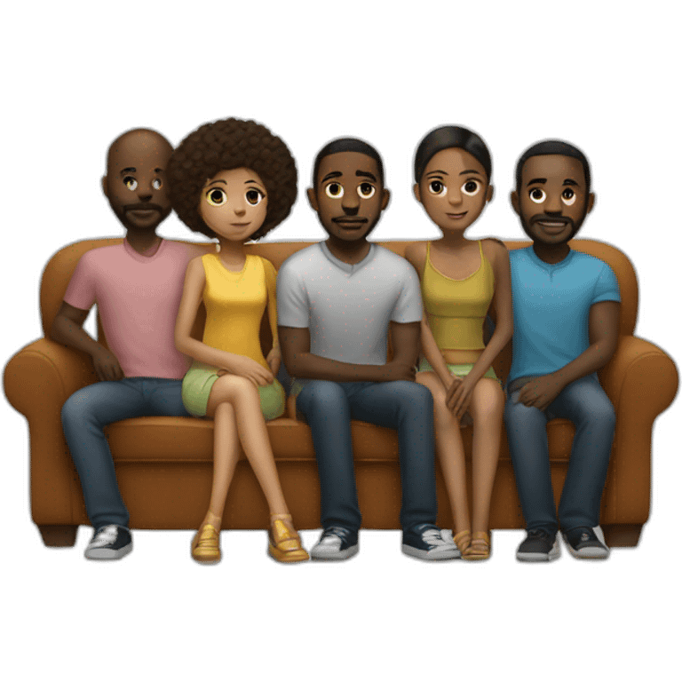 (five black men) standing around a light-skinned girl sitting on a sofa emoji