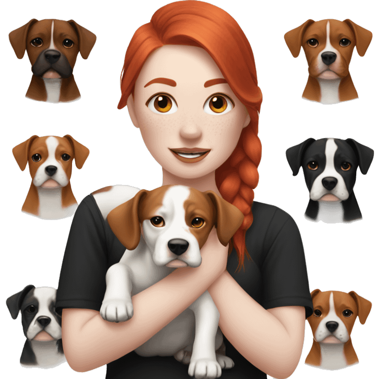 Red haired girl with septum piercing holding black and white English Staffordshire dog emoji