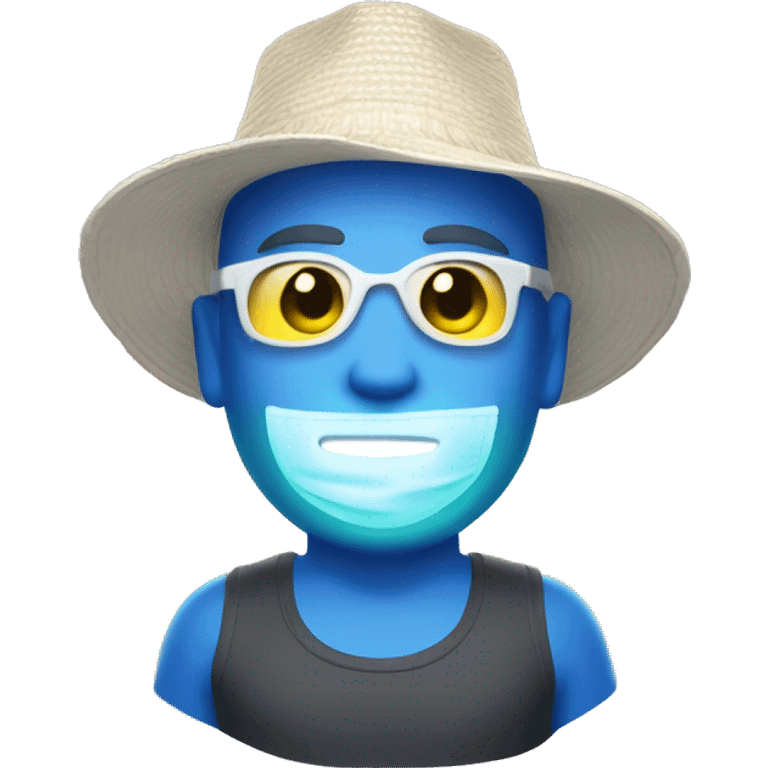 One caucasian headshot glowing with health and wearing a tanktop, hat and sunscreen  emoji