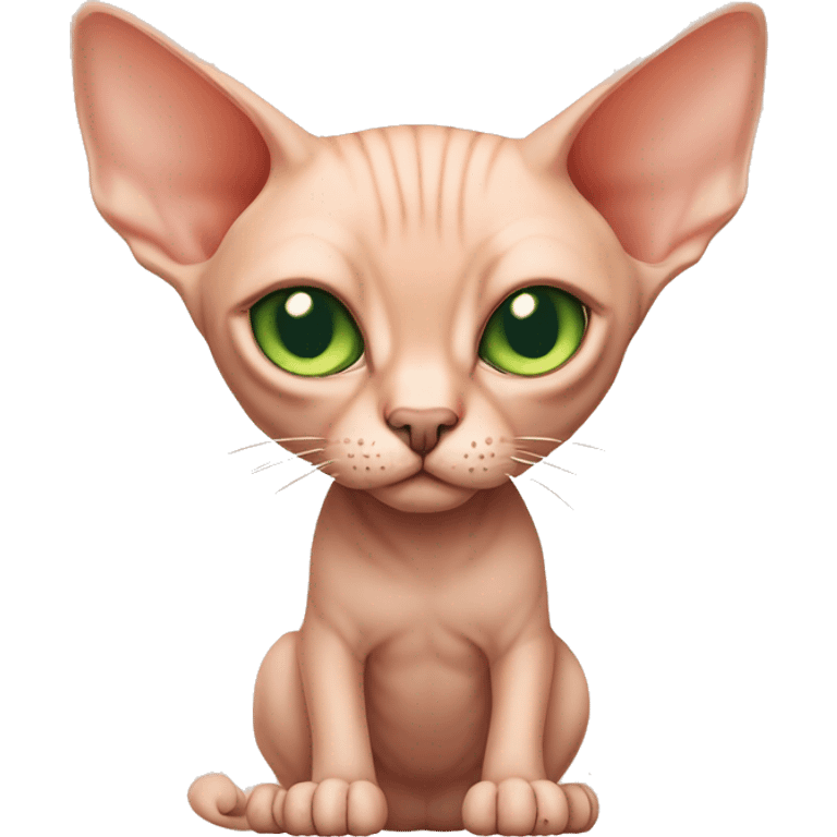 peach-colored Sphynx cat with green eyes and a big belly emoji