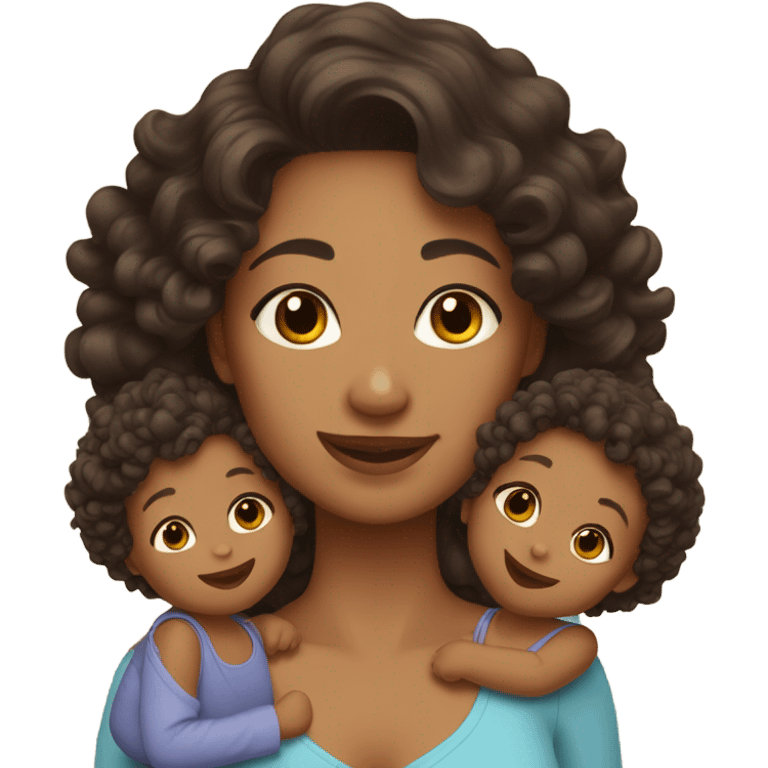 mom with light tan skin, shoulder length dark brown curly hair carrying 2 babies  emoji