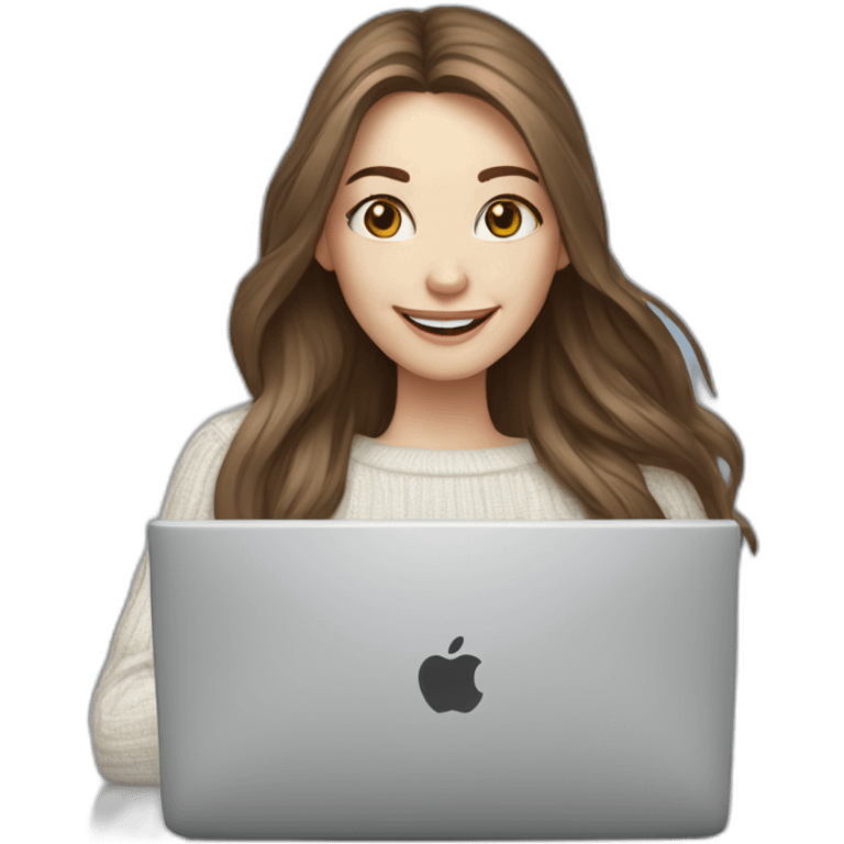 smiling woman pale skin middle brown long straight hair with a laptop with infinity logo and a coffee mug wearing a white woolly shirt having in a snowstorm emoji