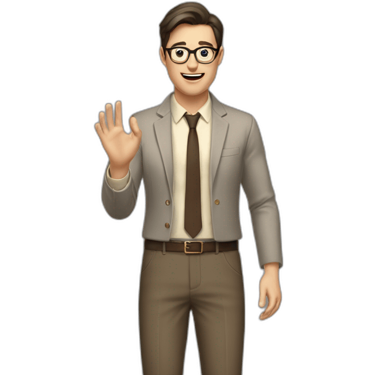 To belt Actively gesturing with hands Pale skinned fit man with dark brown hair in gray jacket, beige office shirt, brown tie, brown pants and vintage glasses. emoji