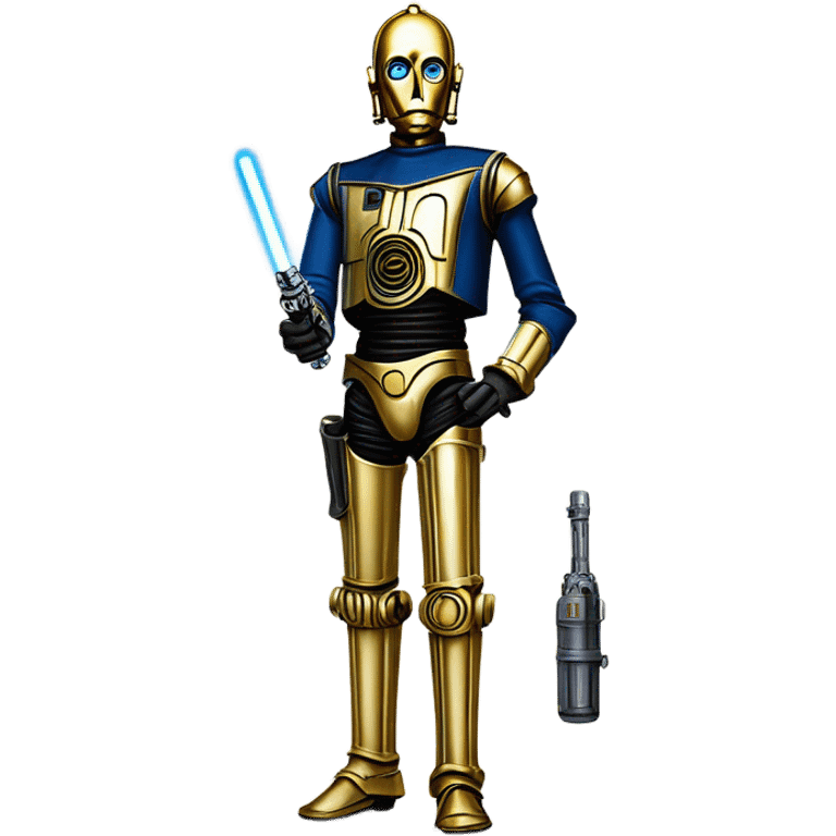 tarnished undercover tough well-equipped jedi first order life-sized darkblue-pearl C3po as a friendly bounty hunter droid wearing a leather clothing old west duster coat holding light saber emoji