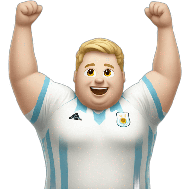 Short hair, obese white man jumping. argentina team uniform. Hands up emoji