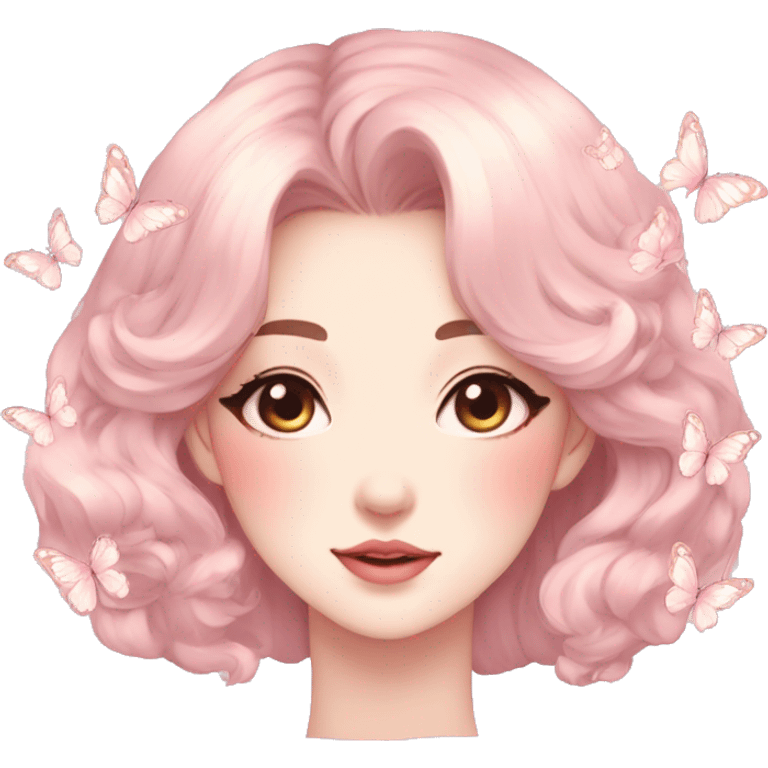 Gorgeous pastel anime style lady with blushing face and butterflies aesthetic trending style emoji