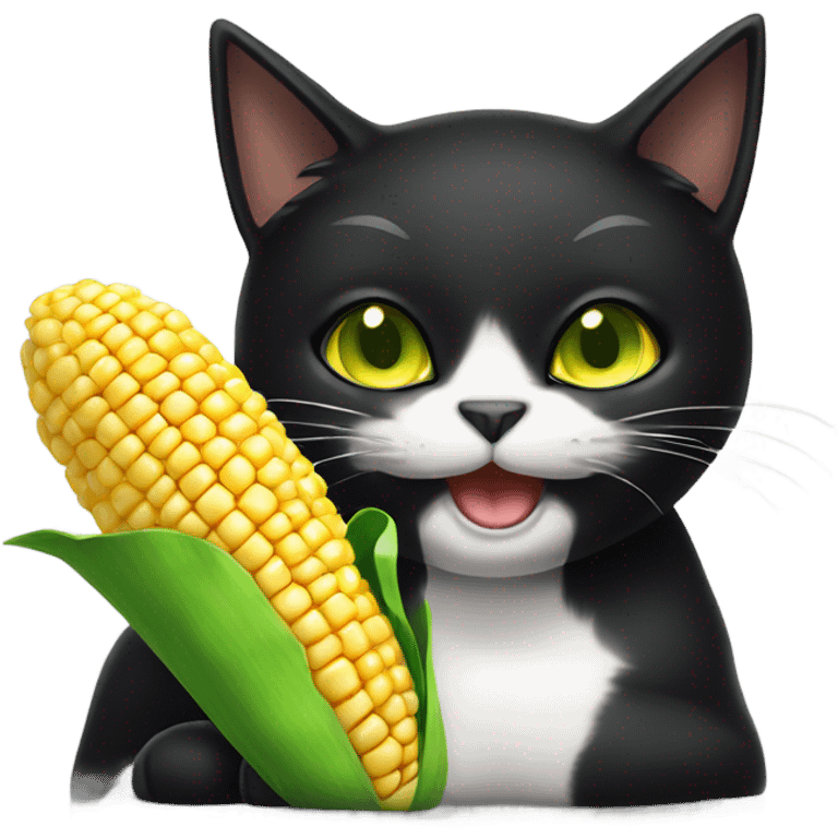 Black cat with green/yellow eyes next to a cob of corn emoji