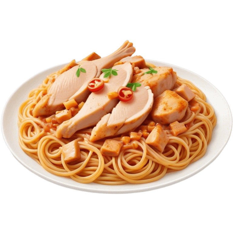 Cinematic realistic emoji depicting a dish of spaghetti with pieces of chicken breast, made with realistic details and bright natural lighting emoji