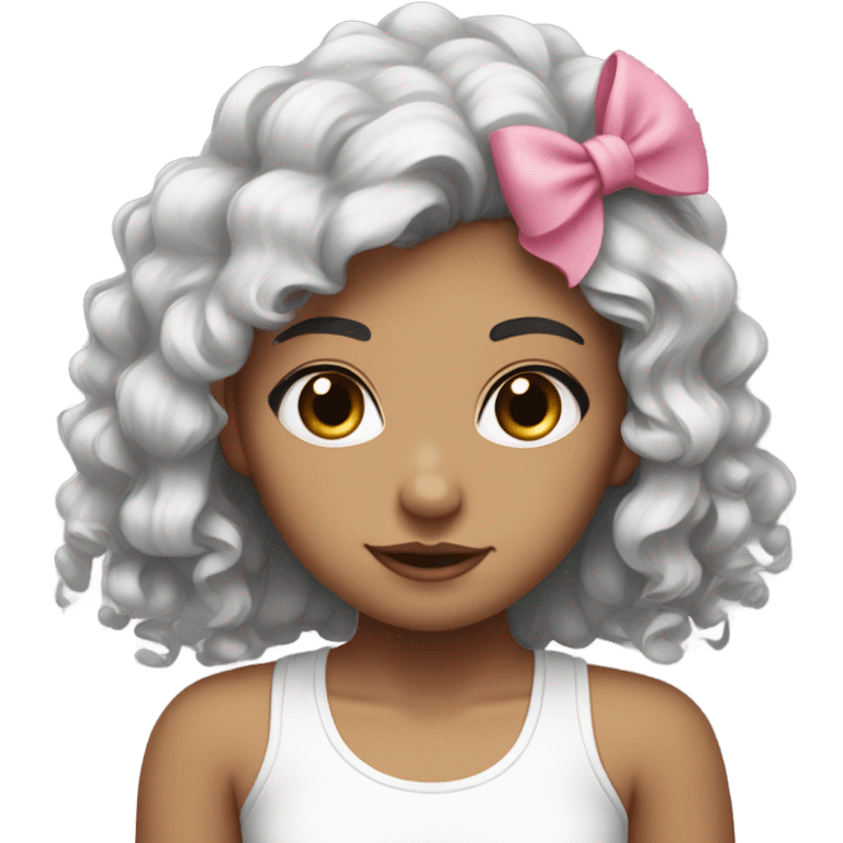 girl with a pink bow and dark brown curly hair wearing a white tank top. Black eye colour. emoji