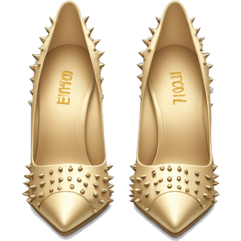 Realistic isolated top view of a pair of light champagne gold spikey pointed toe high heel shoes.  emoji