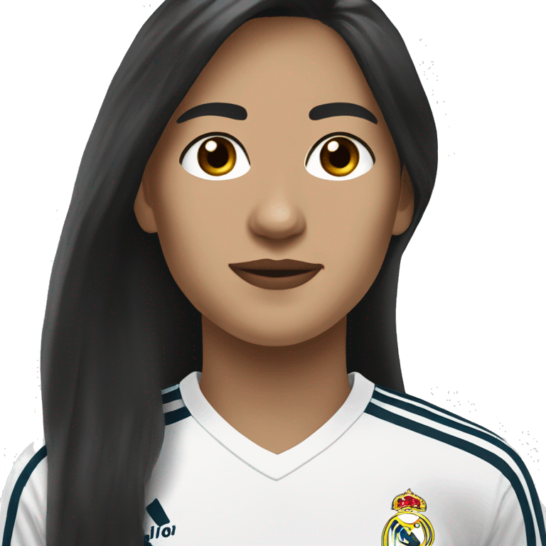 Create a women with long black hair, white skin, brown eyes, wearing a Real Madrid jersey.  emoji