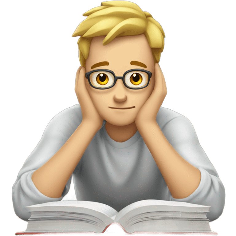 bored white student leaning on hand books  emoji