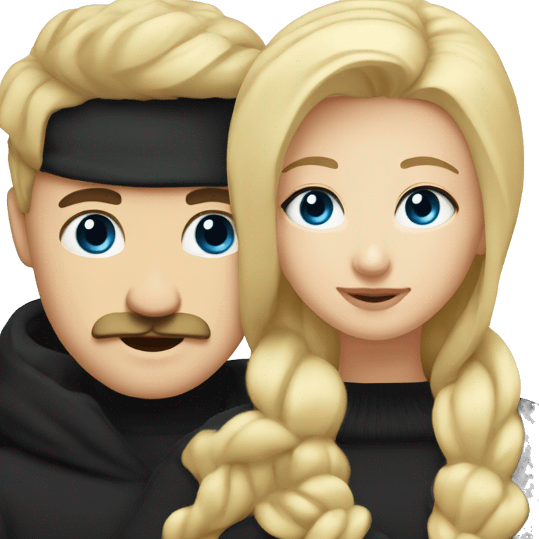 Blonde girl with blue eyes in black sweater and man with black hair and mustache and dark eyes hugging emoji