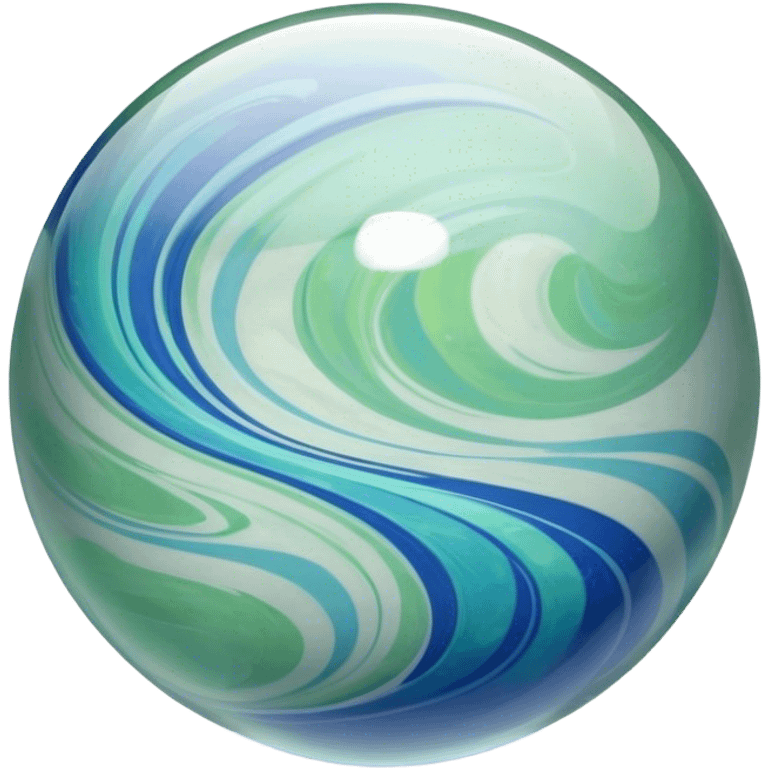 A single glass marble with a smooth, glossy surface. It is transparent with swirling blue and green patterns inside. The marble reflects light beautifully, creating subtle highlights and shadows. The background is softly blurred to emphasize the marble's intricate details emoji