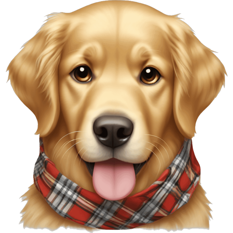 Light color golden retriever wearing a plaid bandana around his neck emoji