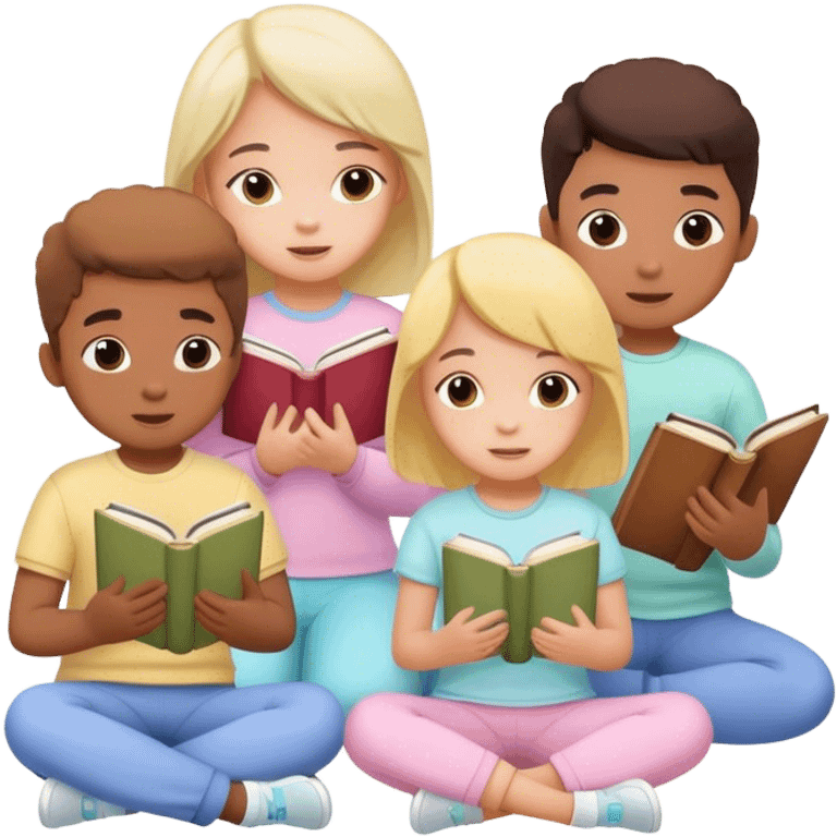 children in pastel clothes play with book emoji