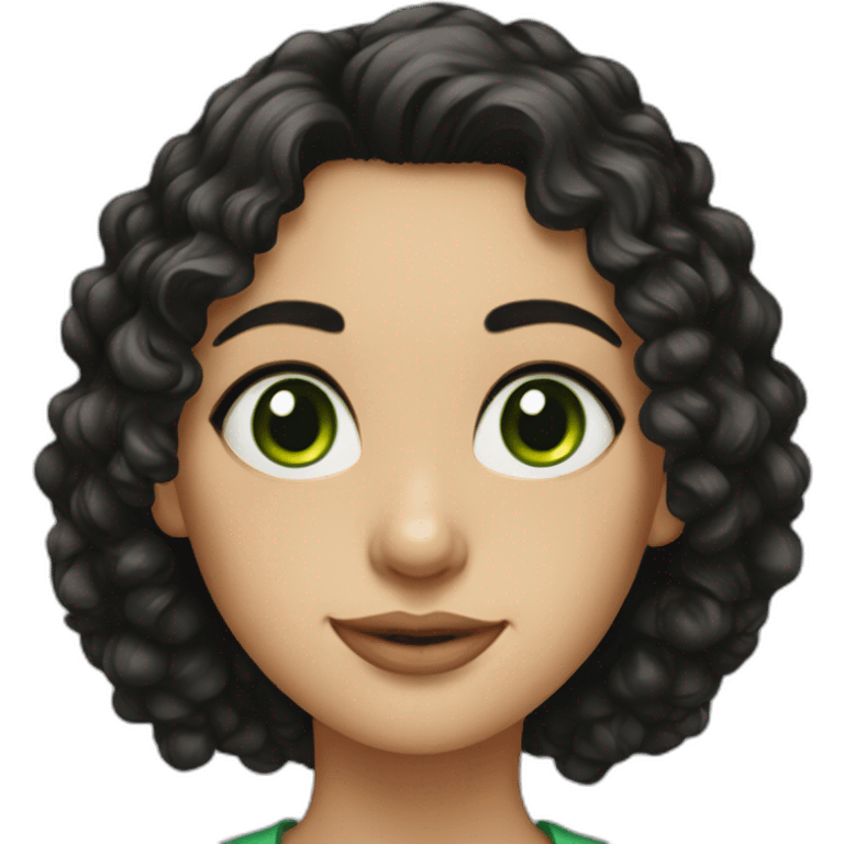 Portrait of a young woman with black curly hair and green eyes emoji