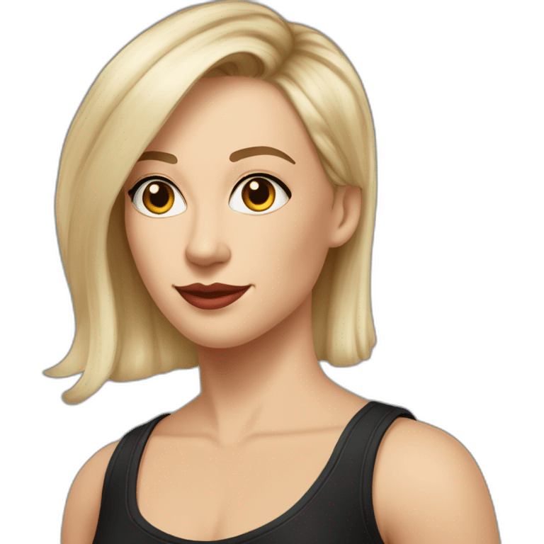 white woman in forties tattooed shaved brown hair left side very short blonde hair side eyes hazel nose trumpet in black tank top emoji