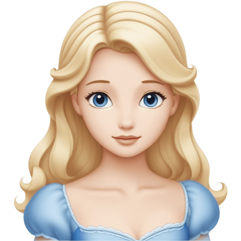 Cinematic Serene Cinderella Portrait Emoji, rendered in a realistic, vector-style with minimal shading. Depict a gentle Cinderella (chest and above) with porcelain skin, smooth blonde hair falling in soft waves, and calm, inviting eyes. Dressed in her modest daytime dress, she exudes quiet grace and pure enchantment, highlighted by a soft glowing outline. emoji