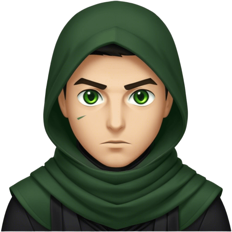 A sharp-featured assassin in a black scarf, only his intense green eyes visible under the hood emoji