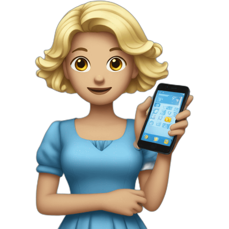 a girl in a blue dress holding a cell phone emoji