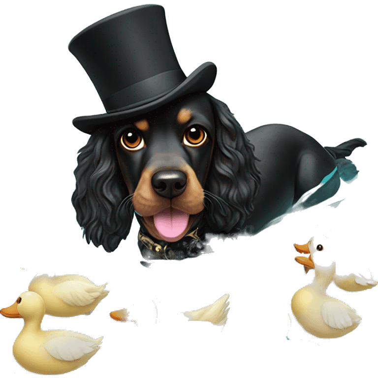 black working cocker spaniel with mustache and top hat swimming in a pool of ducks emoji